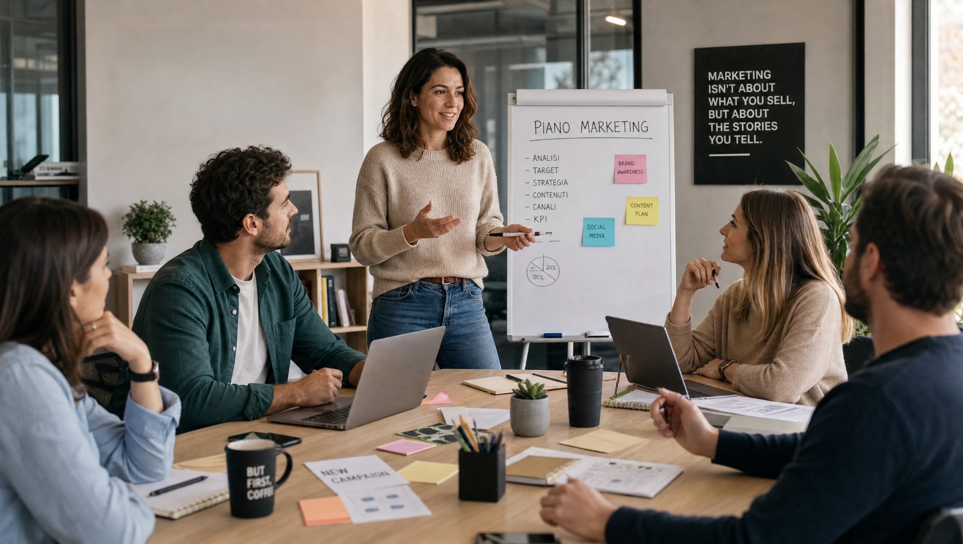 Direzione marketing: workshop con team attorno a un tavolo di lavoro