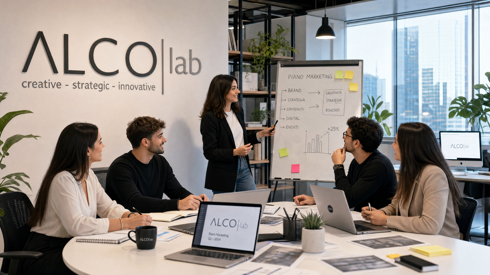 Analisi dati e materiali di lavoro su una scrivania di ALCOlab